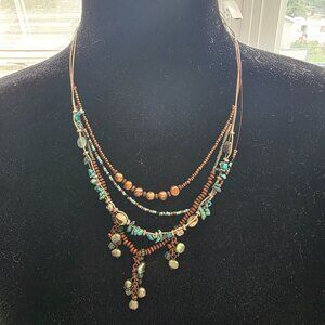 Coldwater Creek beaded multi-strand necklace brown, turquoise and copper
